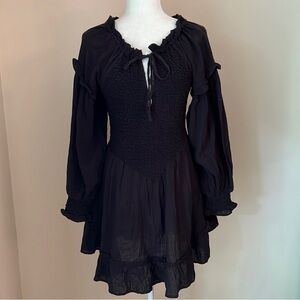 Free People Kiss And Tell Black Mini Dress Black Smocked Fit & Flare XS NWT